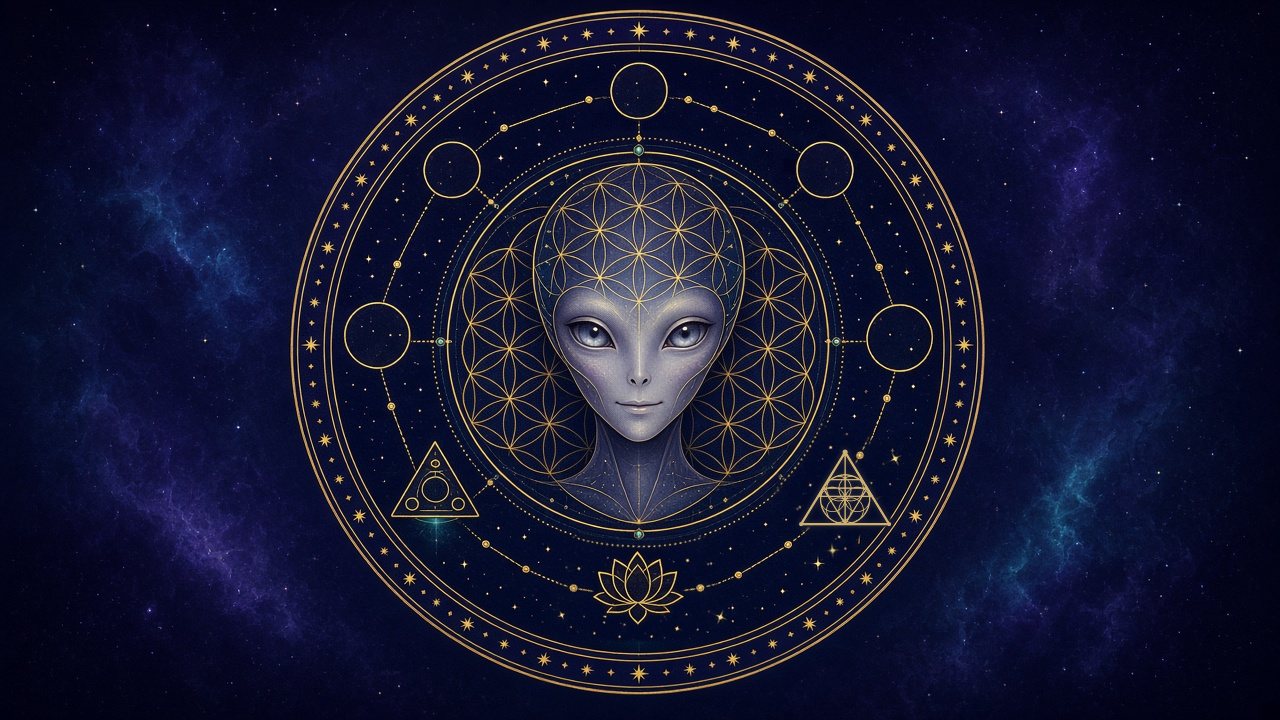 Open Heart Contact logo: a gentle grey ET face within a golden flower-of-life mandala, set in deep indigo space